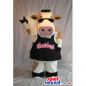 Cow Plush Mascot Wearing Sunglasses And An Apron With Brand