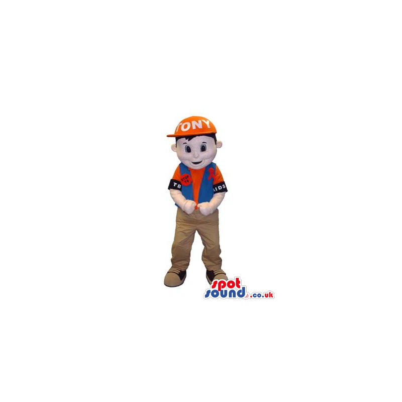 Boy Mascot Wearing Street Clothes And A Cap And Badge With Text