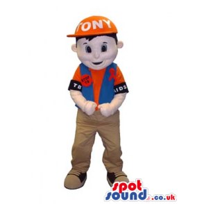 Boy Mascot Wearing Street Clothes And A Cap And Badge With Text