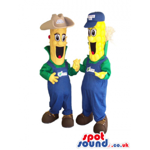 Two Corncob Plush Mascots Wearing Farmer Clothes With Logo -