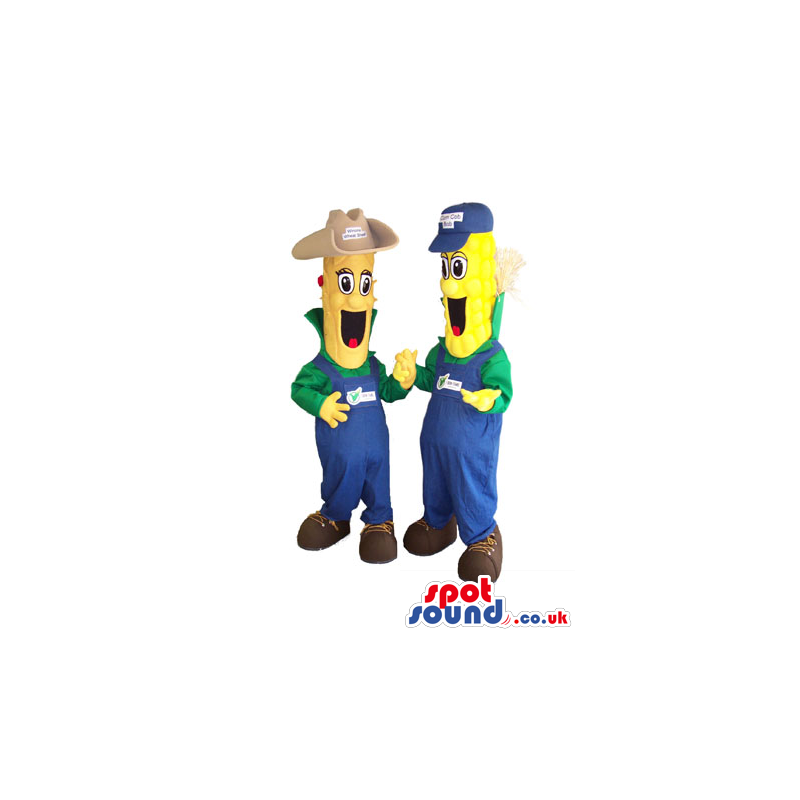 Two Corncob Plush Mascots Wearing Farmer Clothes With Logo -