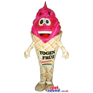 Pink Ice-Cream Cone Mascot With A Face And Brand Name - Custom