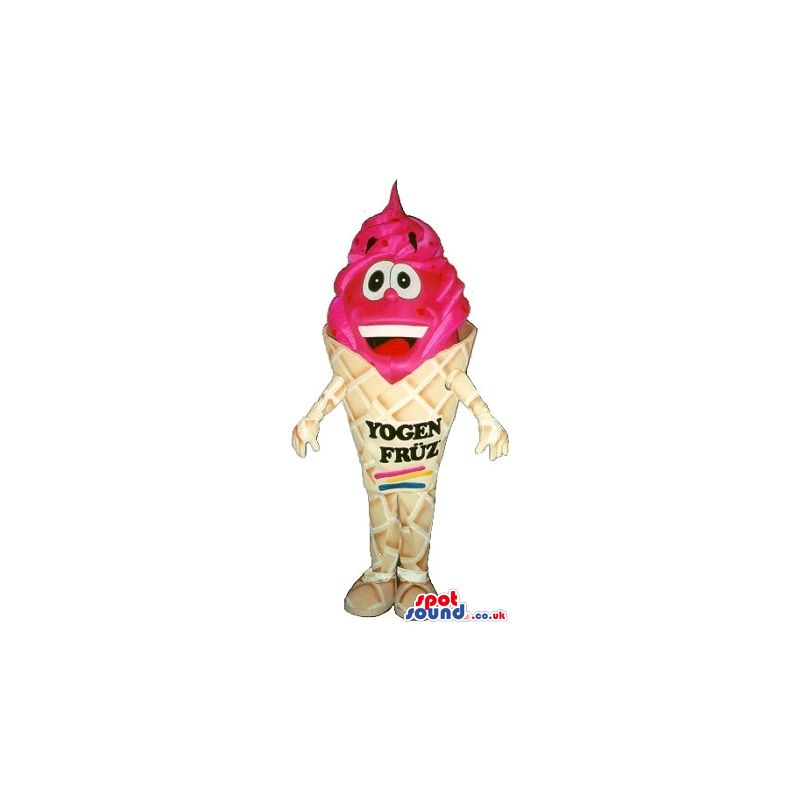 Pink Ice-Cream Cone Mascot With A Face And Brand Name - Custom