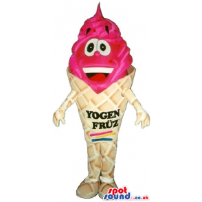 Pink Ice-Cream Cone Mascot With A Face And Brand Name - Custom
