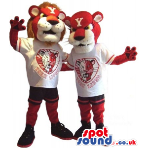 Two Red And White Lion Plush Mascots In T-Shirts With A Team