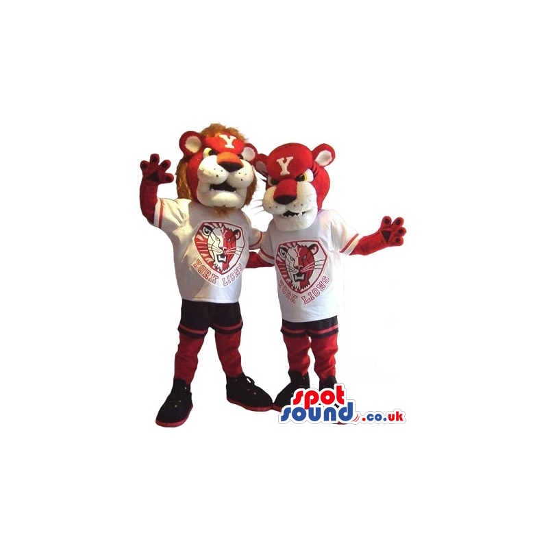 Two Red And White Lion Plush Mascots In T-Shirts With A Team