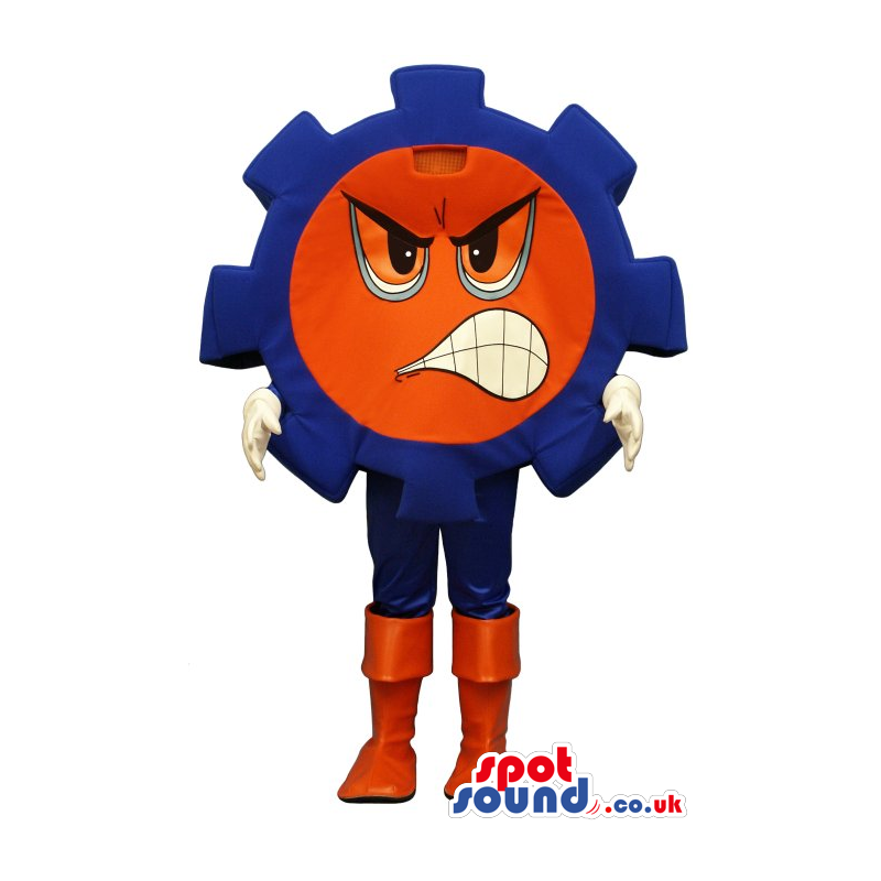 Cartoon Angry Flashy Red And Blue Big Machine Gear Mascot -