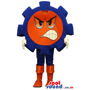 Cartoon Angry Flashy Red And Blue Big Machine Gear Mascot -