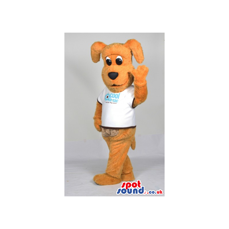 Cute Yellow Dog Animal Plush Mascot Wearing A White Logo