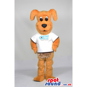 Cute Yellow Dog Animal Plush Mascot Wearing A White Logo