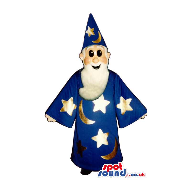 Blue Magician Human Mascot Wearing Sun And Moon Garments -
