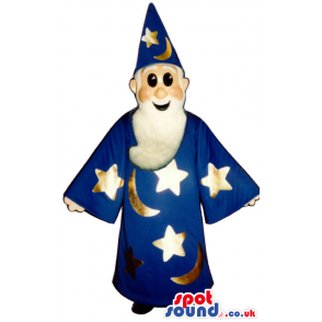 Blue Magician Human Mascot Wearing Sun And Moon Garments -