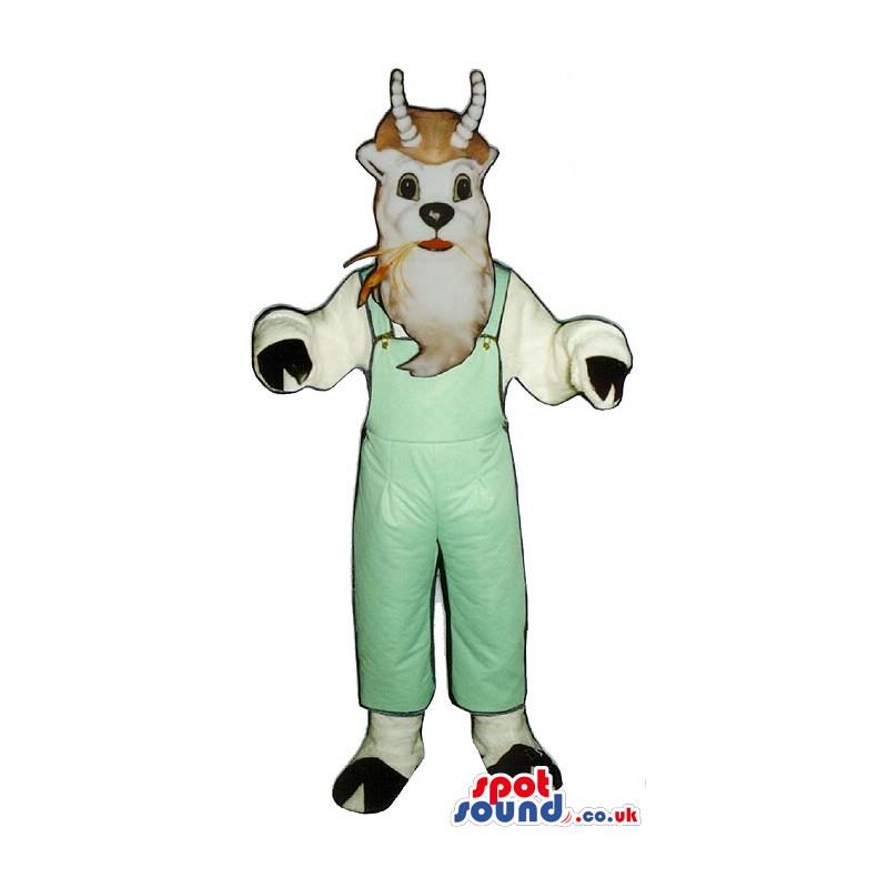 White Goat Animal Plush Mascot Wearing Green Overalls - Custom