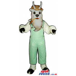 White Goat Animal Plush Mascot Wearing Green Overalls - Custom