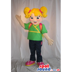 Blond Girl Mascot Wearing A Green T-Shirt And A Backpack -