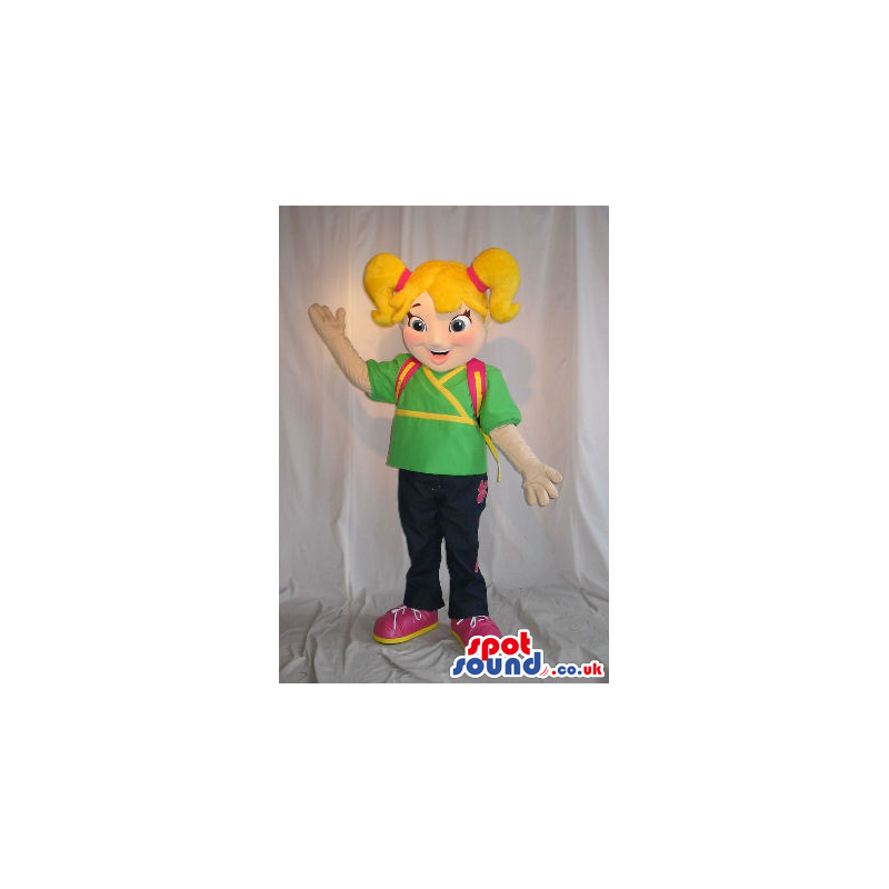 Blond Girl Mascot Wearing A Green T-Shirt And A Backpack -