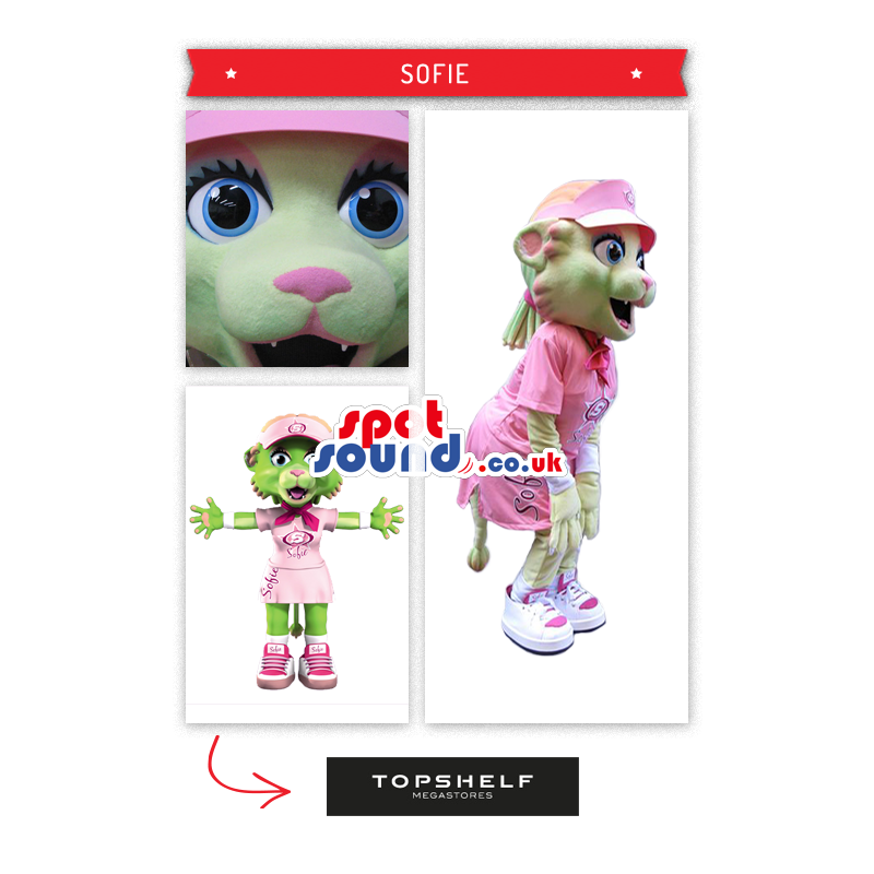 Gorgeous Green Cat Girl With Pink Dress And Cap - Custom Mascots