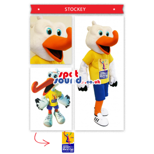 White Bird Mascot Wearing Sports Clothes With Logo And Text -
