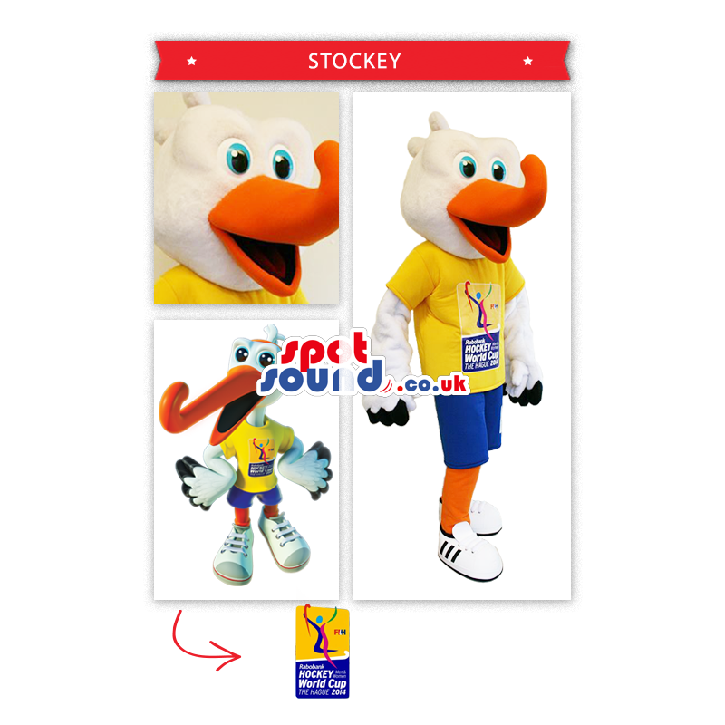 White Bird Mascot Wearing Sports Clothes With Logo And Text -