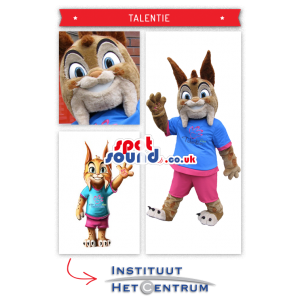 Brown Wolf Plush Mascot In A Blue T-Shirt And Pink Trousers -