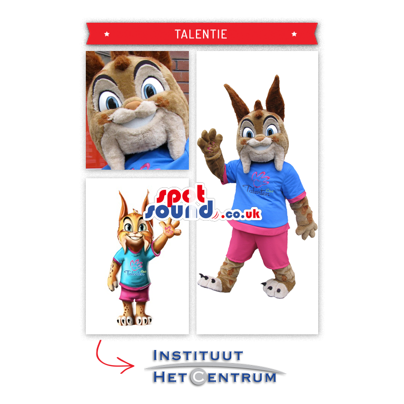 Brown Wolf Plush Mascot In A Blue T-Shirt And Pink Trousers -