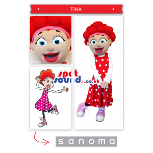 Girl Character Mascot Wearing A Red Polka Dot Dress - Custom