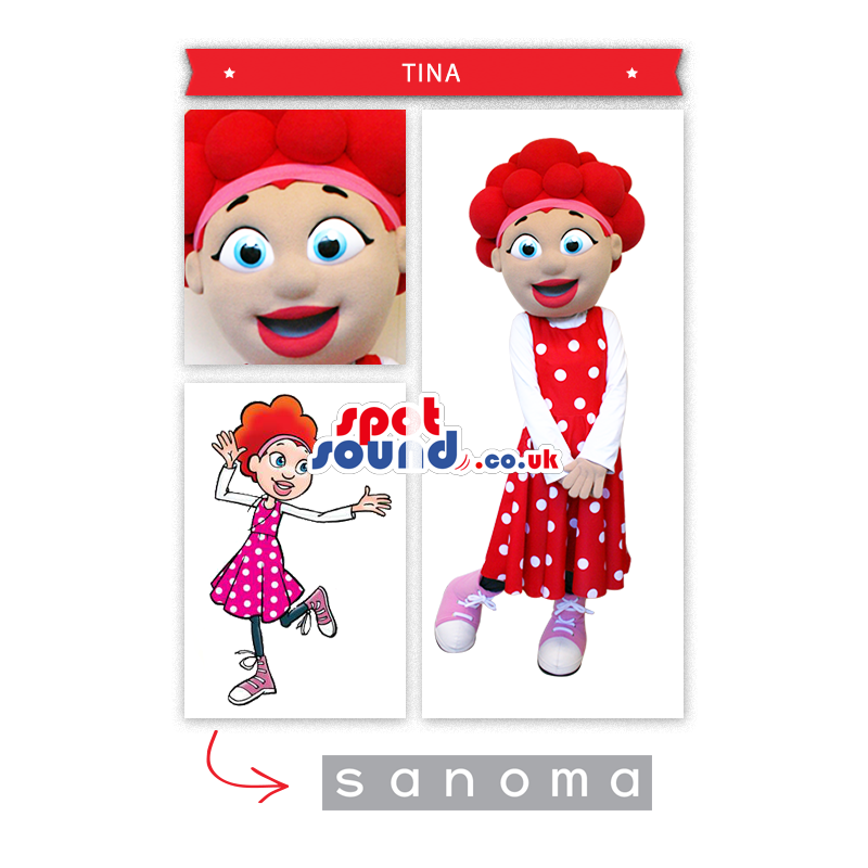 Girl Character Mascot Wearing A Red Polka Dot Dress - Custom