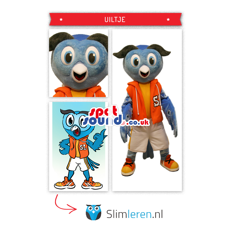 Blue Owl Plush Mascot Wearing Sports Clothes With Logo - Custom