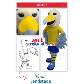 White Bird Plush Mascot In Yellow And Blue Clothes - Custom