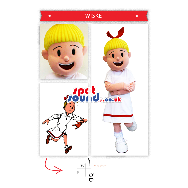 Cartoon Character Girl Mascot In White Dress And Blond Hair -