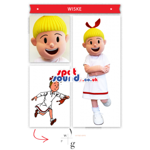 Cartoon Character Girl Mascot In White Dress And Blond Hair -