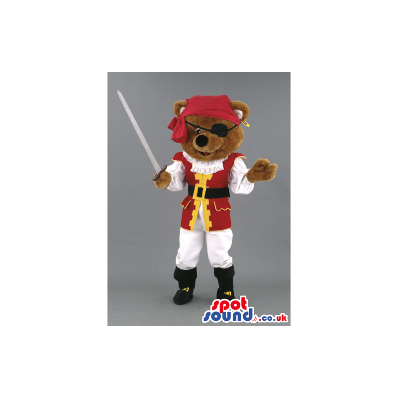 Bear mascot wearing pirate costume, eye-patch and red bandana -