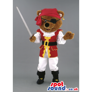 Bear mascot wearing pirate costume, eye-patch and red bandana -