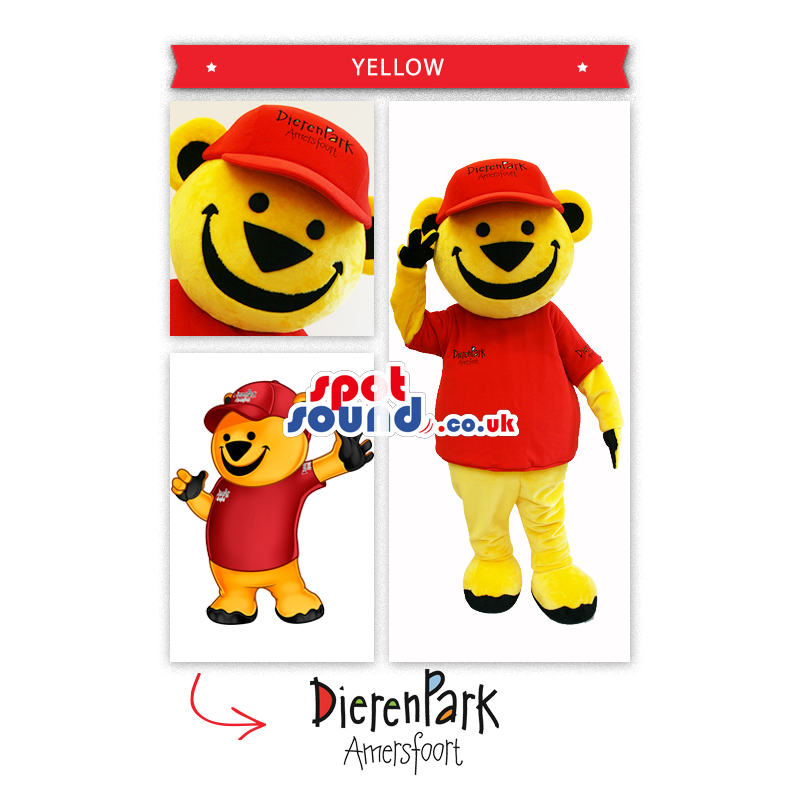 Yellow Teddy Bear Plush Mascot In A Red T-Shirt And Cap -