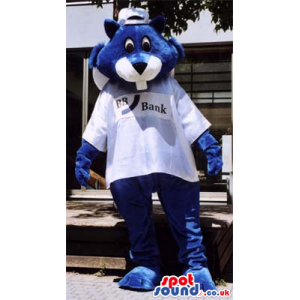 Blue Beaver Plush Mascot Wearing A White T-Shirt And Cap -