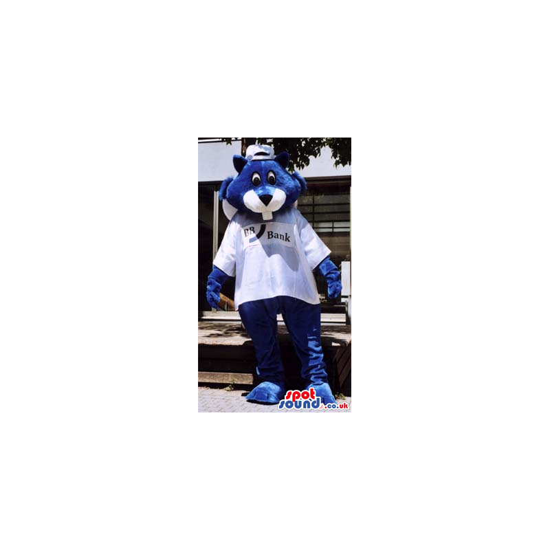 Blue Beaver Plush Mascot Wearing A White T-Shirt And Cap -