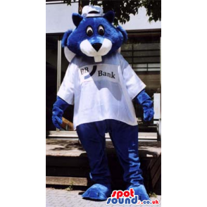 Blue Beaver Plush Mascot Wearing A White T-Shirt And Cap -