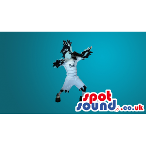 White And Black Bird Mascot In White Sports Clothes With Logo -