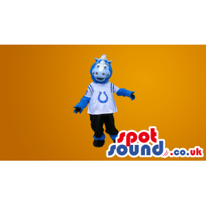 Blue Horse Plush Mascot Wearing A White Shirt With Logo -