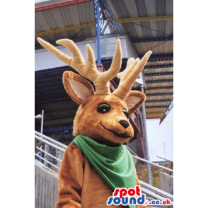 Brown Deer Plush Mascot With Green Neck Scarf - Custom Mascots
