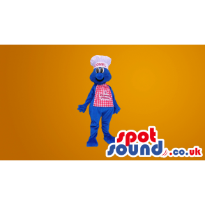 Blue Hairy Plush Mascot Wearing A Chef Hat And Apron With Logo