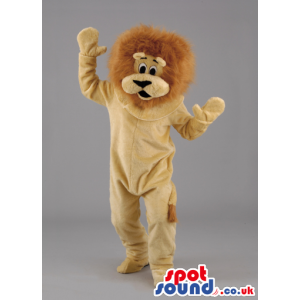 Cuddly soft lion mascot with fluffy brown mane and black eyes -