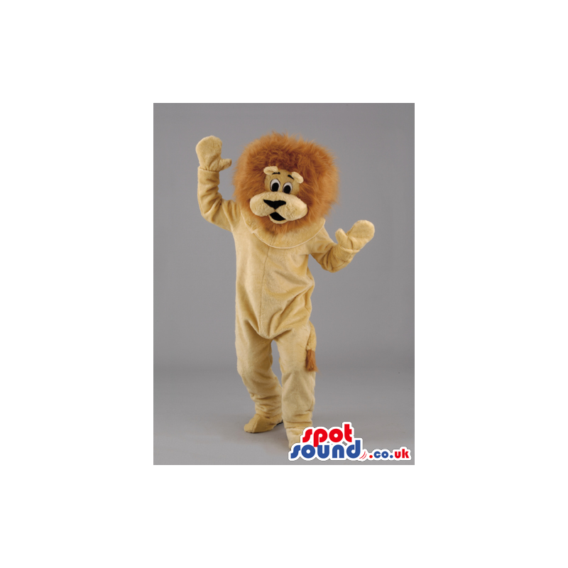 Cuddly soft lion mascot with fluffy brown mane and black eyes -