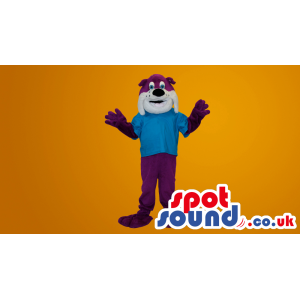 Big Dog Plush Mascot In A Blue T-Shirt And Purple Pants -
