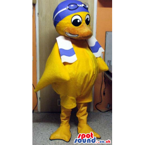 Yellow Duck Plush Mascot Wearing Swimming Goggles And A Towel -