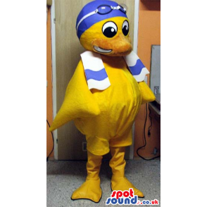 Yellow Duck Plush Mascot Wearing Swimming Goggles And A Towel -