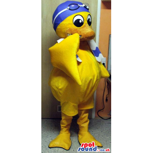 Yellow Duck Plush Mascot Wearing Swimming Goggles And A Towel -