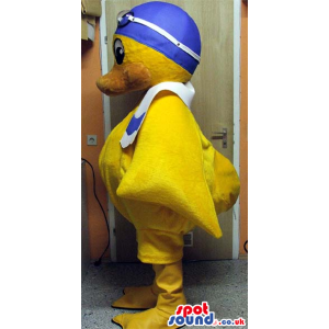 Yellow Duck Plush Mascot Wearing Swimming Goggles And A Towel -