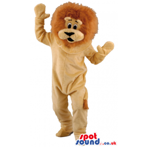 Cuddly soft lion mascot with fluffy brown mane and black eyes -