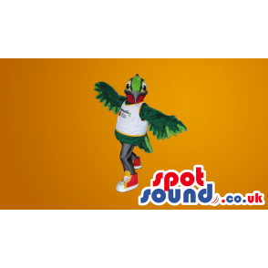 Exotic Green Bird Mascot Wearing A White T-Shirt With Text -